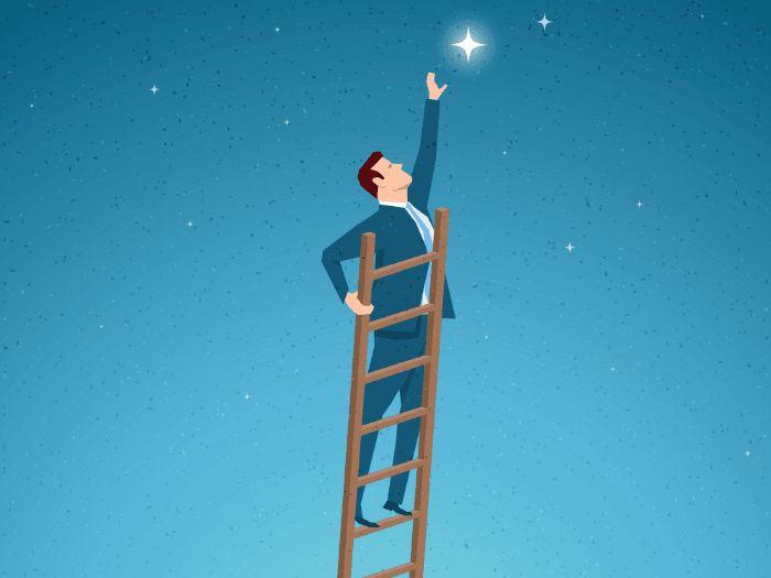 a man standing on top of a ladder reaching up into the sky with a star in his hand