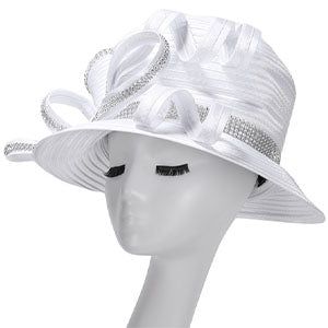 Introducing the Giovanna HR22103-WHT Church Hat, a true staple for any fashion-forward individual attending a special occasion, religious service, or social gathering. Elegance is at the forefront of its design, which boasts a classic white palette, making it an effortless match with a variety of attire. The glossy finish on the hat adds a layer of sophistication, ensuring you stand out in a crowd with its eye-catching sheen. The hat is gracefully adorned with a beautiful arrangement of fabric flowers and looped ribbons. These details are meticulously placed, adding a three-dimensional aspect that elevates the hat's appearance. The rhinestone embellishments are the cherry on top, scattering light with every turn and casting a subtle yet enchanting sparkle around you. Aside from its visual White Fedora Costume Hat For Party, White Fitted Cloche Hat For Formal Occasions, White Fitted Hat For Events, White Cloche Hat With Curved Brim For Evening, White Fedora Mini Hat For Party, White Formal Cloche Hat With Short Brim, White Costume Hats And Headpieces For Events, Chic White Church Hat, White Adjustable Cloche Hat For Evening