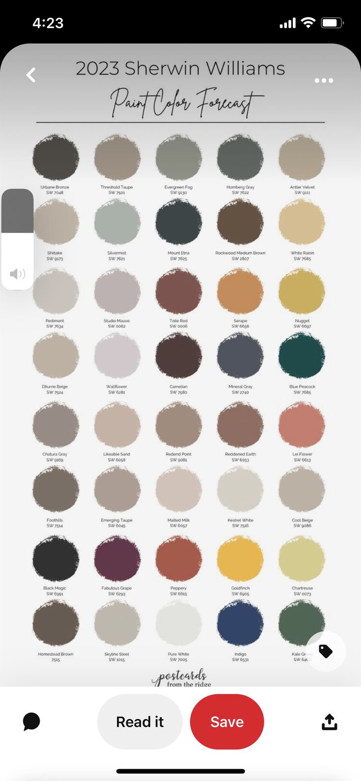 the color chart for sherylin williams's paint and decorating products on an iphone