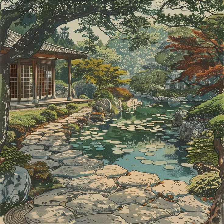 a painting of a garden with rocks and water