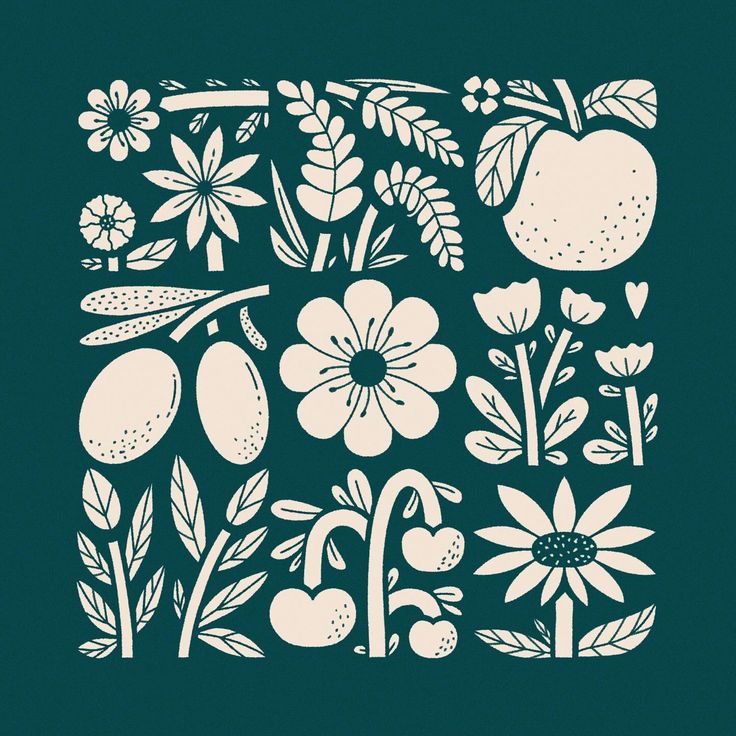 an illustration of flowers and fruit on a green background with the word love written in white