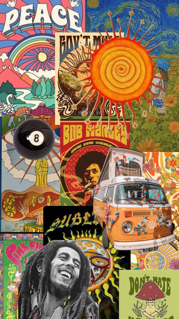 a collage of various images including an orange van