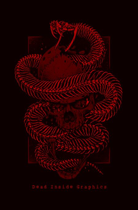 a red poster with an image of a snake on it's head and the words dead inside graphics