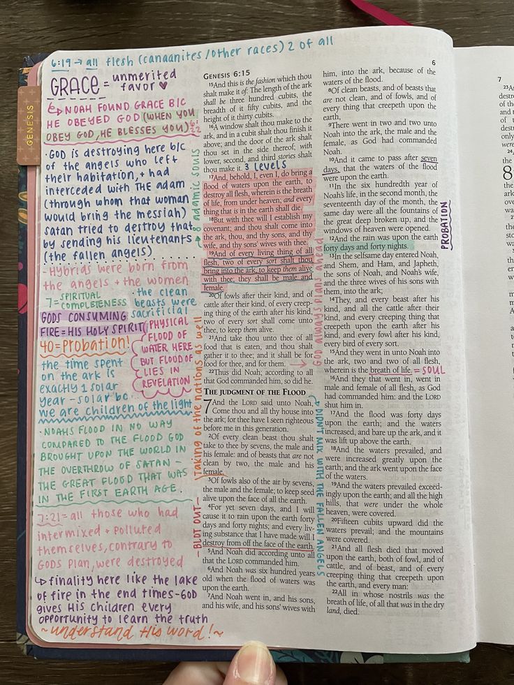 an open bible with colorful writing on the pages and a person holding it up in their hand