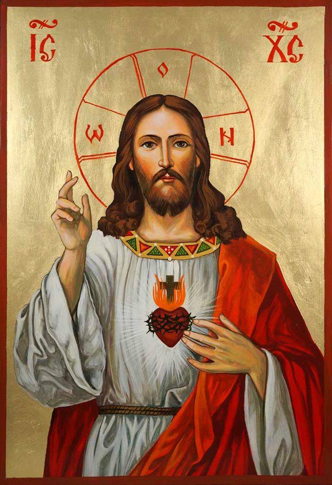 an icon of jesus holding a heart and pointing to the side with his finger up