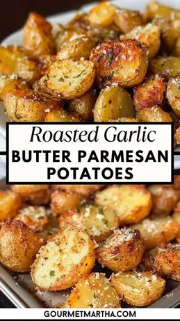 roasted garlic butter parmesan potatoes on a white plate with the words roasted garlic butter parmesan potatoes