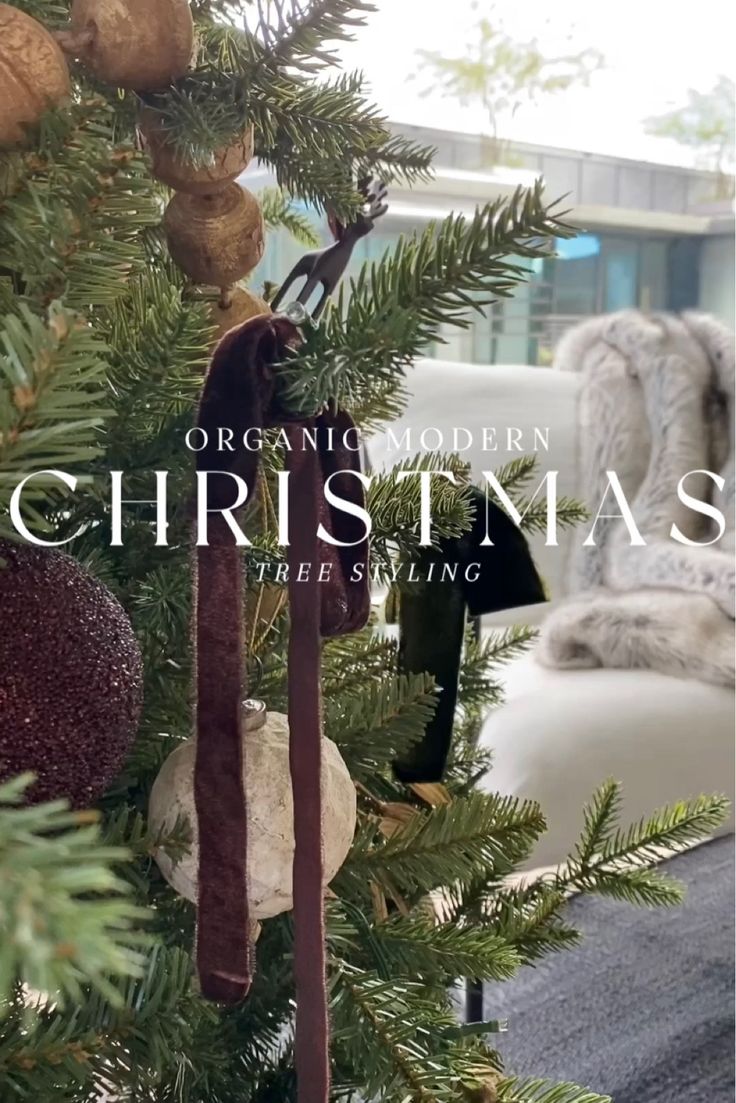 a christmas tree with ornaments hanging from it's branches and the words organic modern christmas trees styling