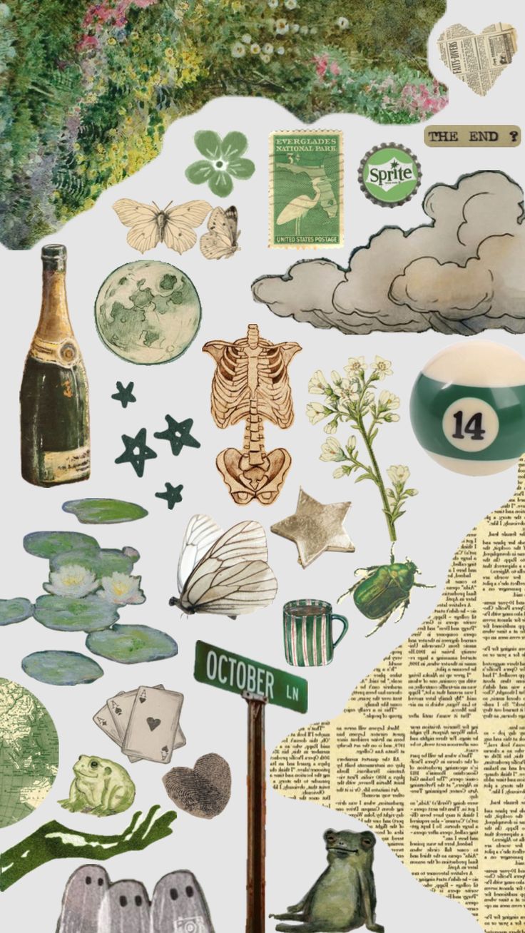 a collage of green and white items on top of a newspaper page with flowers