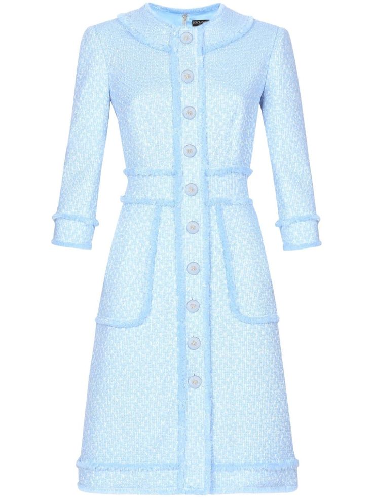 Dolce & Gabbana A-line Tweed Dress  - Farfetch Luxury Long Sleeve Tweed Dress With Buttons, Luxury Blue Chic Tweed Dress, Purple Tweed Dress, Long Sleeve Tweed Dress With Button Closure, Dolce And Gabbana Light Blue For Women, Light Blue Dresses, Tweed Dress, City Dress, Fashion Attire