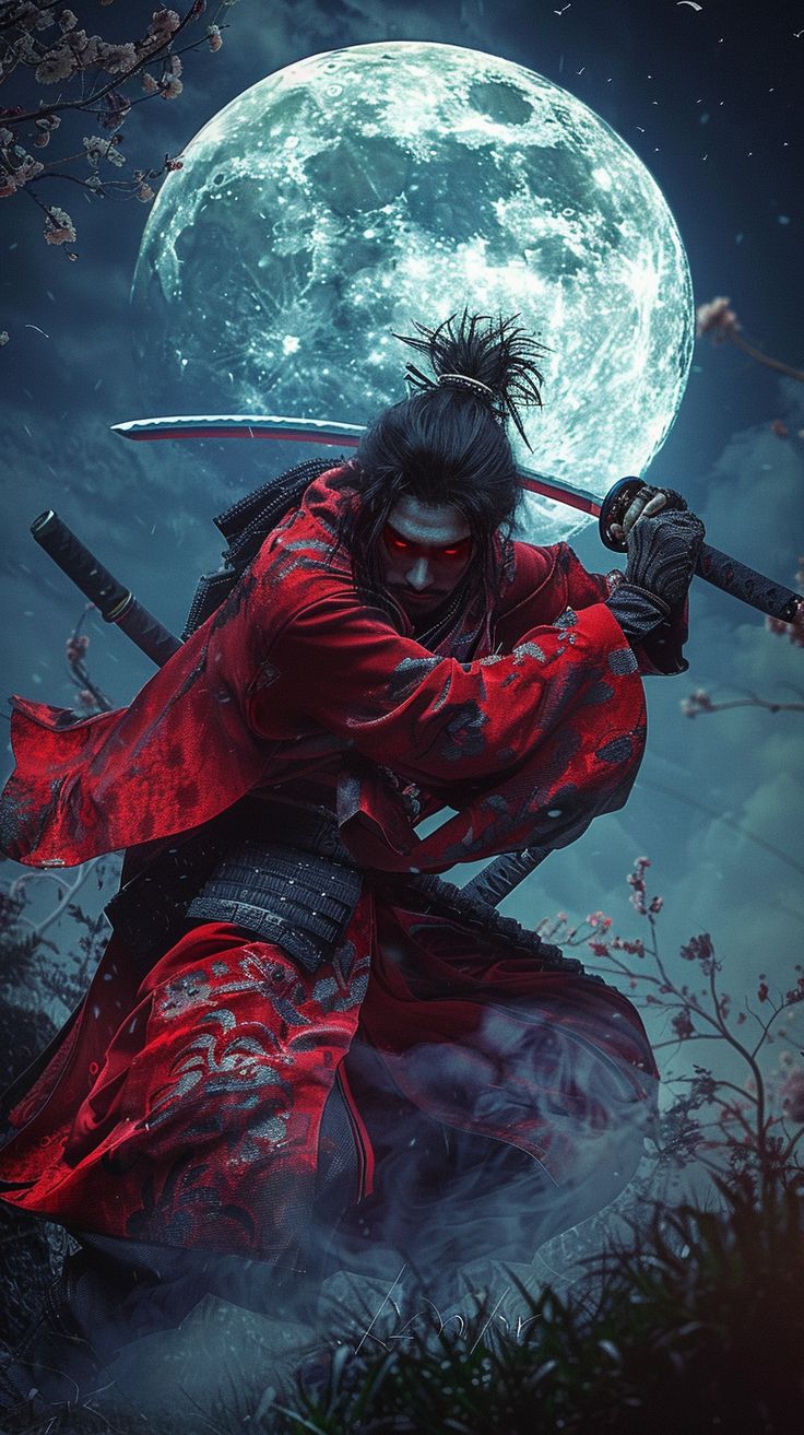 a man with two swords in front of a full moon