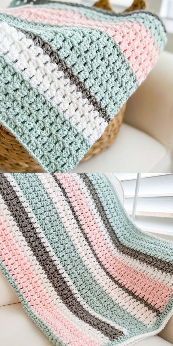 a crocheted blanket sitting on top of a white couch next to a basket