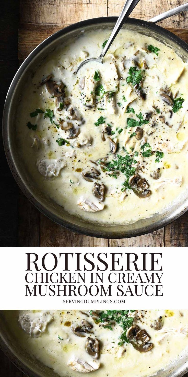 a pan filled with chicken in creamy mushroom sauce