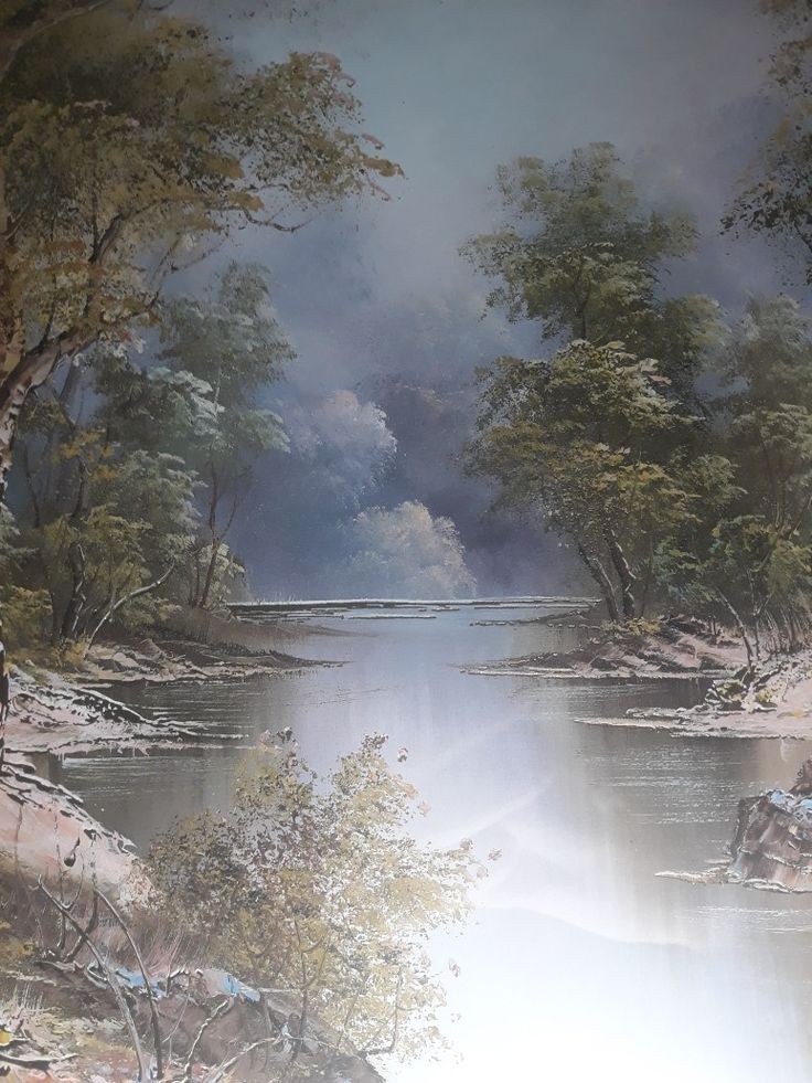 a painting of a river surrounded by trees