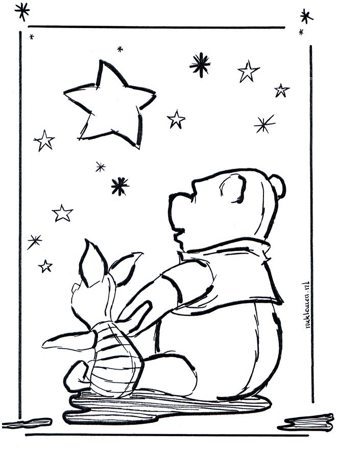 winnie the pooh coloring page with stars in the sky and a potted plant