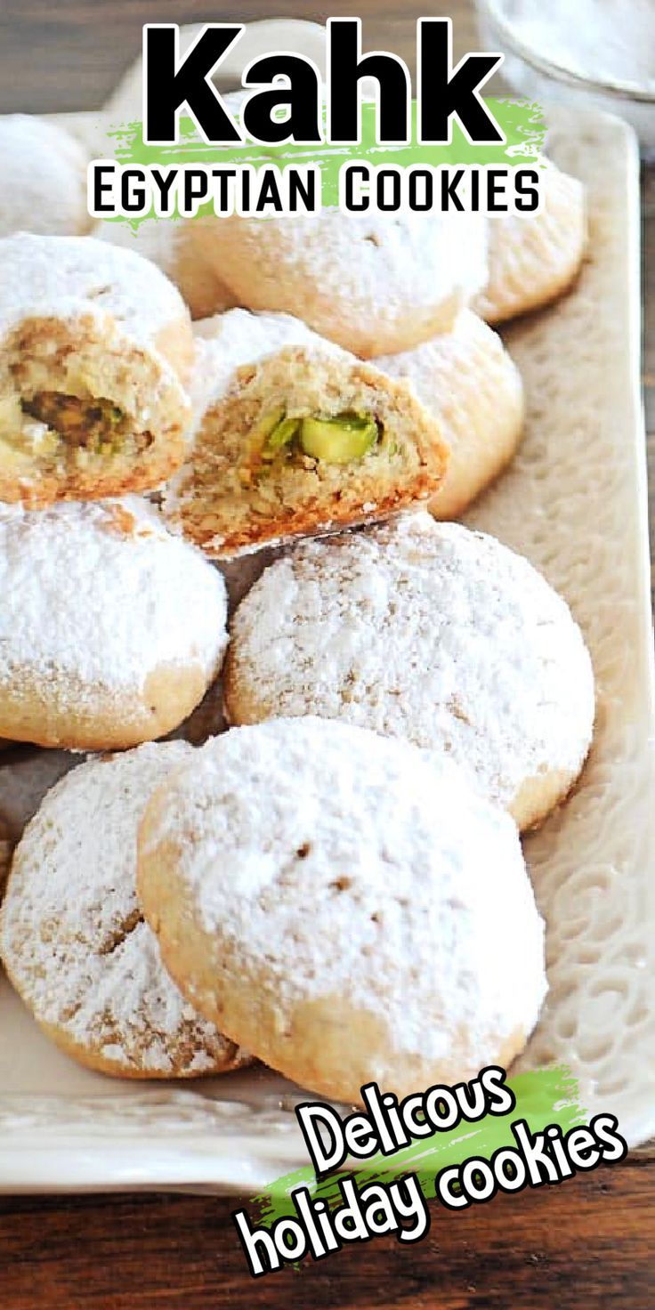 some cookies are on a white plate with the words kahl egyptian cookies below it