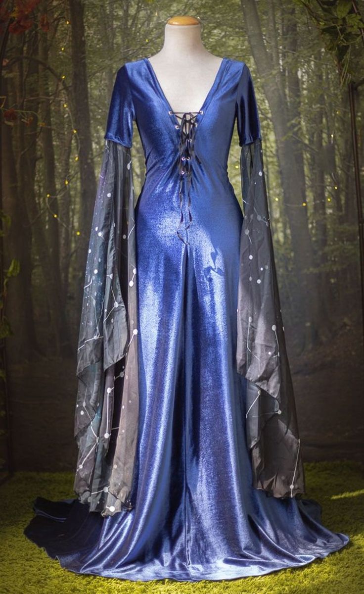 Blue Fitted Gothic Medieval Dress, Fitted Gothic Medieval Dress In Blue, Fitted Blue Gothic Medieval Dress, Blue Fantasy Dresses For Fantasy Events, Fantasy Floor-length Dress For Costume Party, Fairytale Fitted Corset Dress For Party, Fairytale Party Fitted Corset Dress, Blue Gothic Style Dress For Fancy Dress Occasions, Blue Fantasy Dress For Halloween