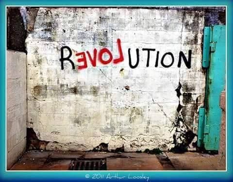 the word revolution is painted on an old wall