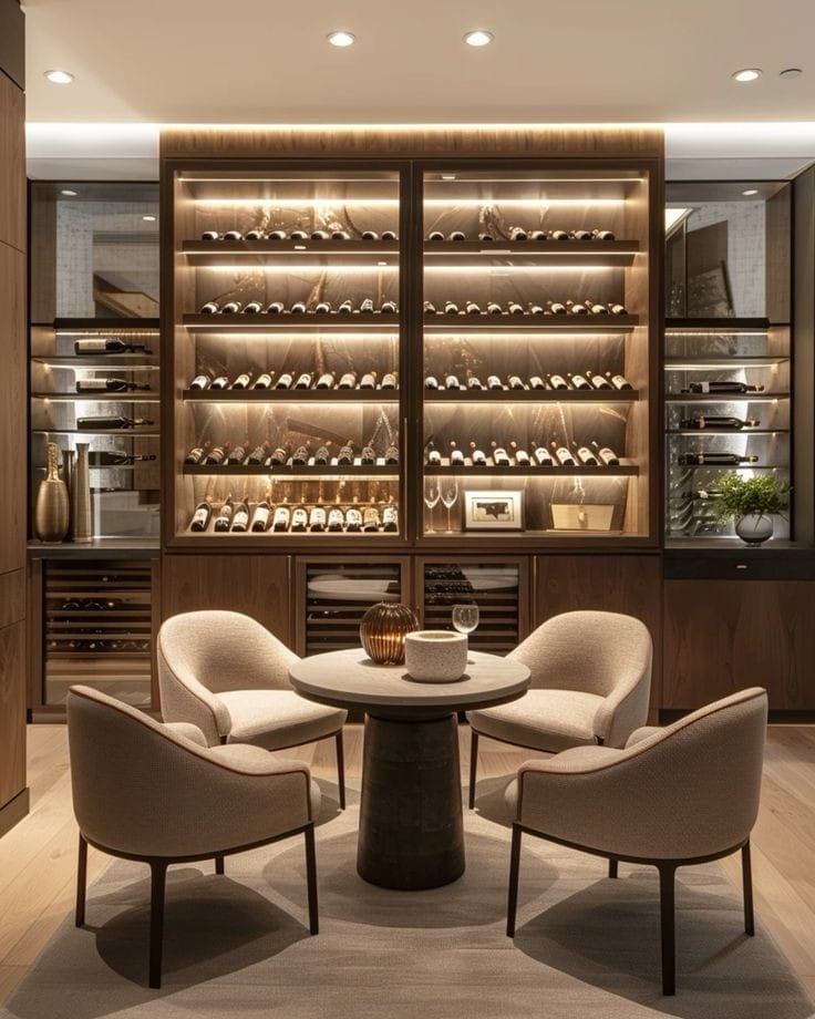 two chairs and a table in a room with wine bottles on the shelves behind them