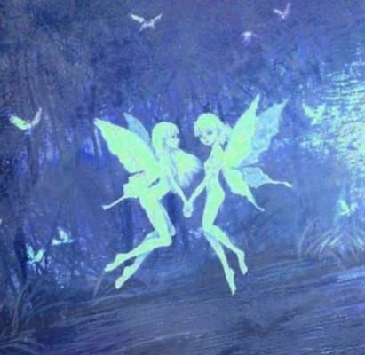 two fairy tinkerbells are flying in the air over water with trees and birds