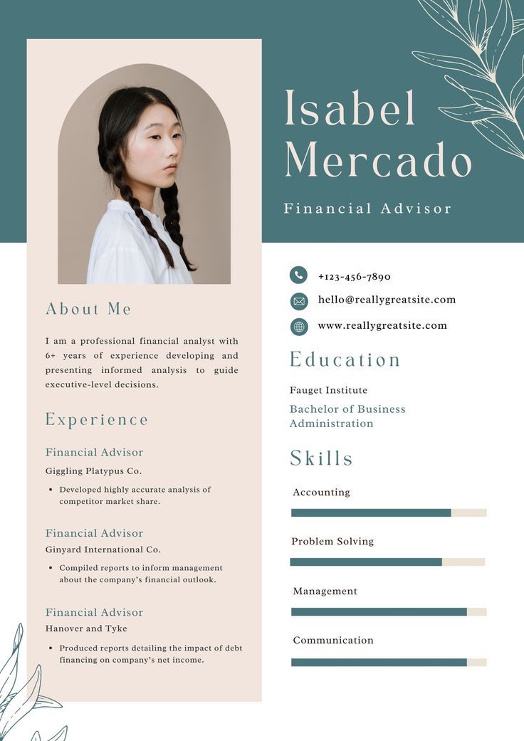 a professional resume template with an image of a woman's face and leaves on it