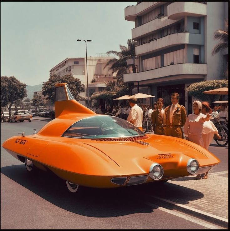 an orange car is parked on the side of the road with people standing around it