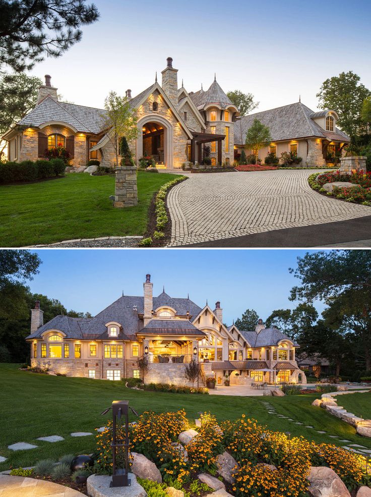 Luxury Stone Mansion with Elegant Curb Appeal Estates Home Mansions, Big Country Homes, One Story Mansion, Pretty Mansions, Mansion With Garden, Farm Mansion, Tropical Mansion, Rustic Mansion, Huge Front Porch