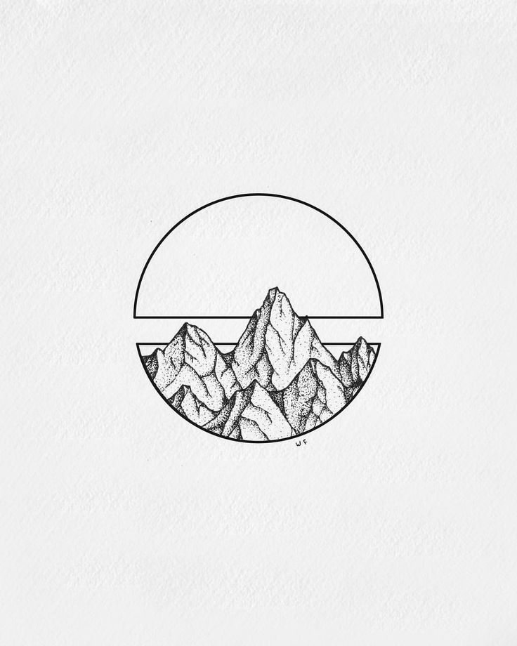 mountains in the middle of a circle with a line drawing on it, and an image of