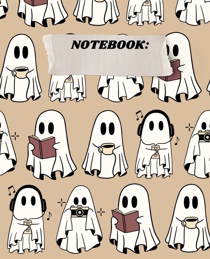 a bunch of ghost characters are shown with the words notebook written on their faces and holding books in their hands