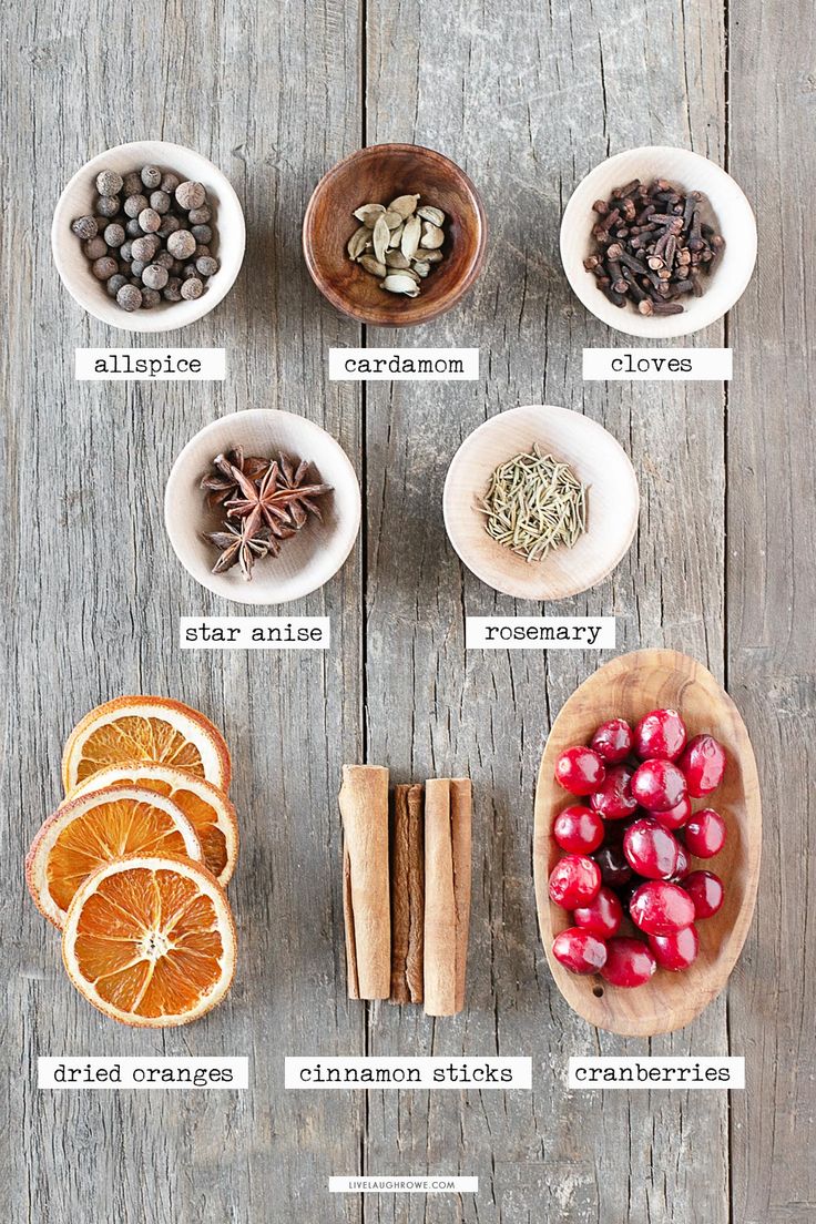 an assortment of fruits and spices in bowls on a wooden table with labels describing the ingredients