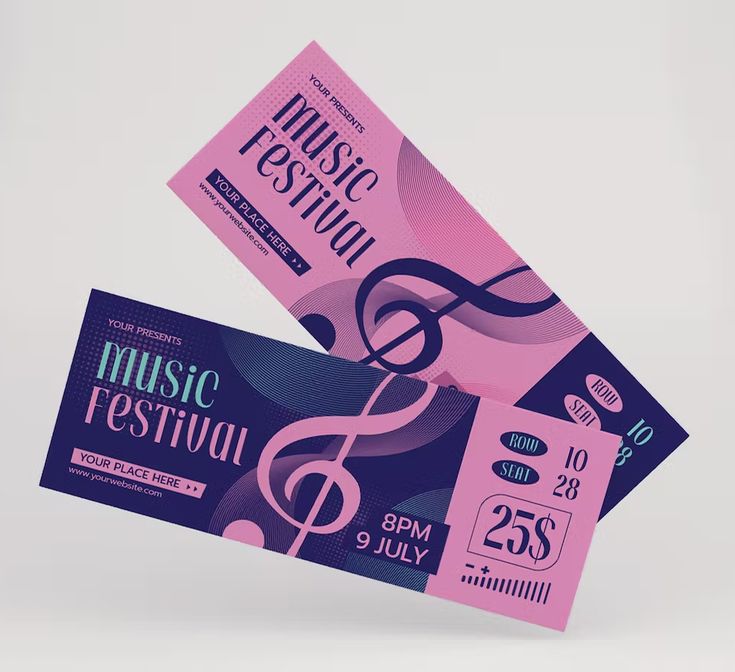 two tickets with music festival logo on them, one is pink and the other is blue