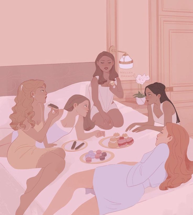 four women are sitting on a bed eating cake and drinking wine while one woman sits at the end of the bed