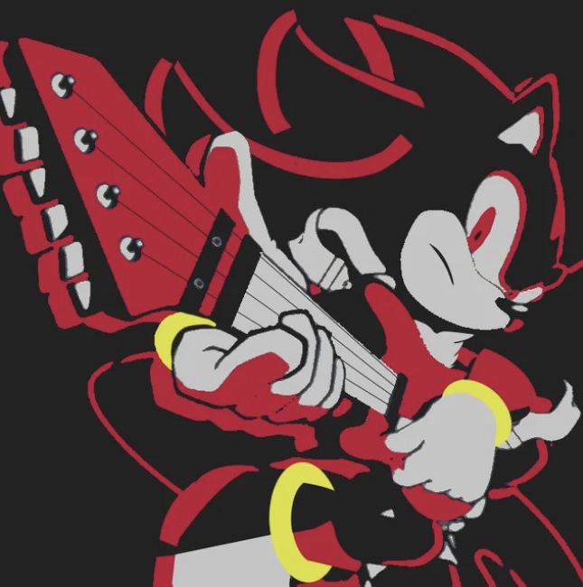 sonic the hedgehog playing an electric guitar with red and yellow accents on his body