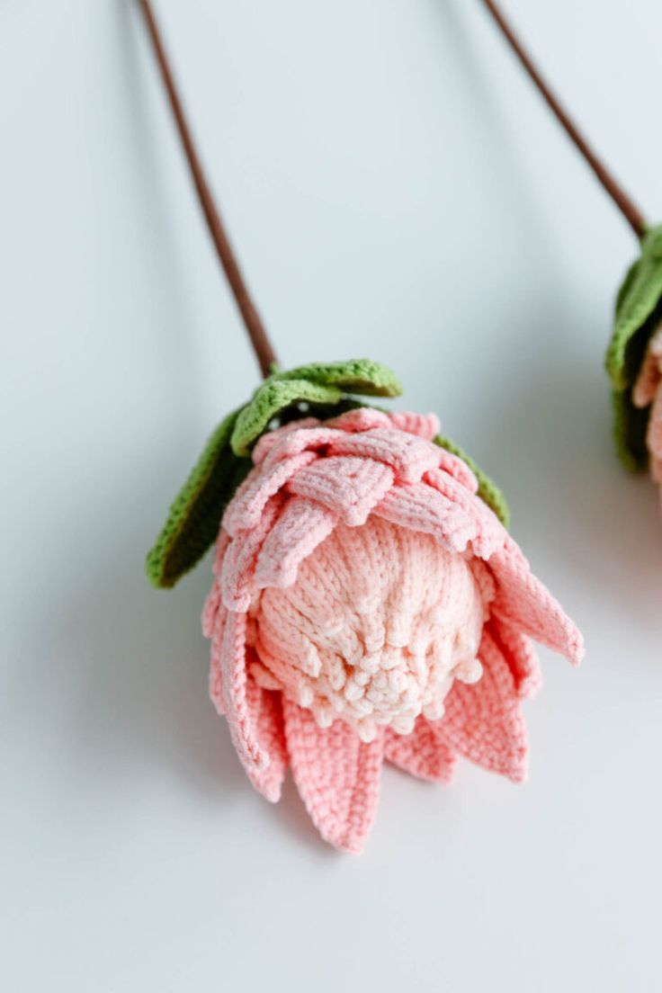 two crocheted pink flowers with green leaves hanging from brown stems on a white surface