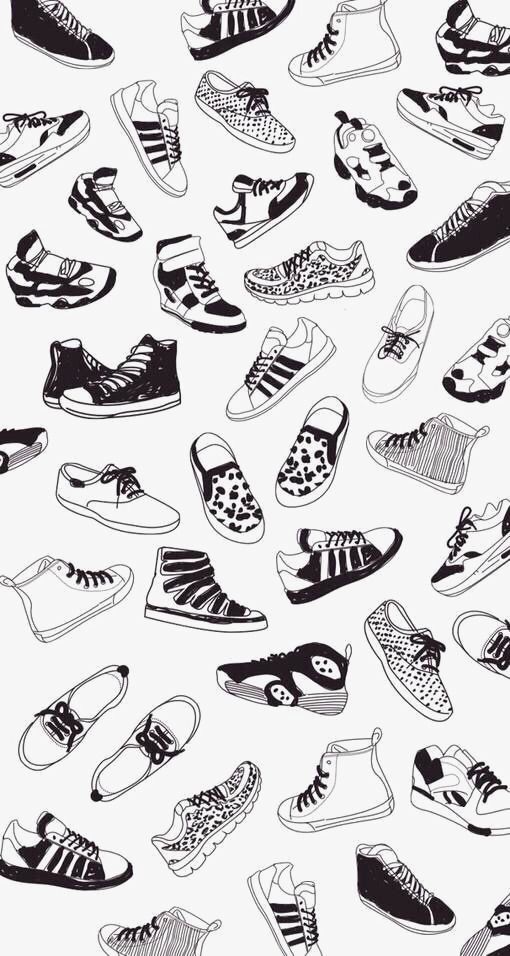 a bunch of shoes that are drawn in black and white, with the words sneakers on them