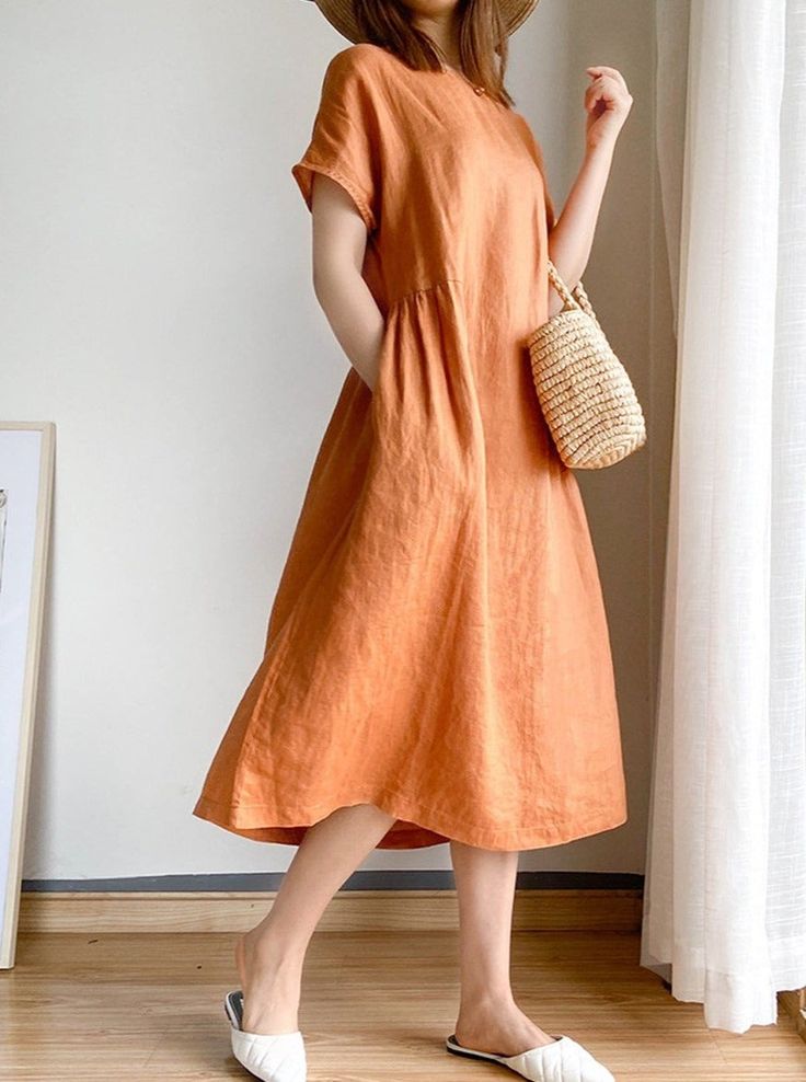 Women Casual Plain Dress Non-stretch V-neck Dress With Pockets, Non-stretch Beach Dress With Pockets, Plain Non-stretch Knee-length Dresses, Casual A-line Plain Dress, Casual Orange Short Sleeve Maxi Dress, Casual Orange Maxi Dress With Short Sleeves, Plain Short Sleeve Shift Dress, Casual Orange Maxi Dress, Casual Short Sleeve Plain Midi Dress