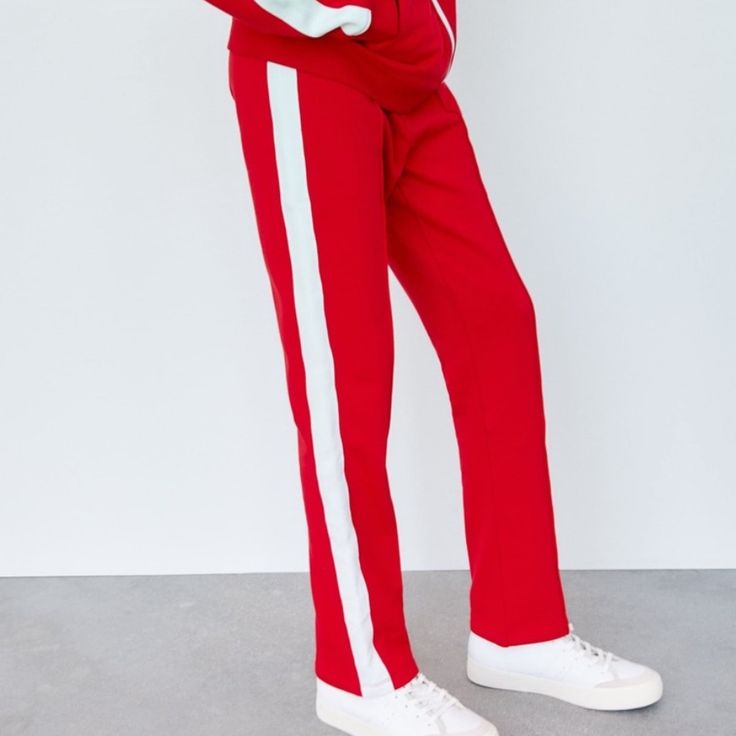 Straight Leg Size Small Red Sweatpants White Side Stripe Brand New With Tags Red Athleisure Sweatpants For Loungewear, Sporty Red Sweatpants With Elastic Waistband, Sporty Red Wide Leg Sweatpants, Red Fitted Sweatpants For Athleisure, Sporty Red Loungewear Bottoms, Sporty Red Full-length Sweatpants, Red Straight Leg Sweatpants, Red Wide Leg Sweatpants With Elastic Waistband, Sporty Red Wide Leg Bottoms