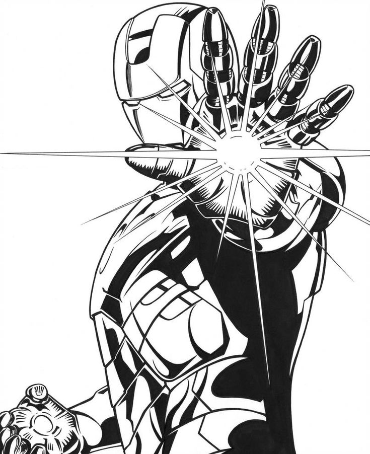 a black and white drawing of iron man holding his hands out to the side with one hand