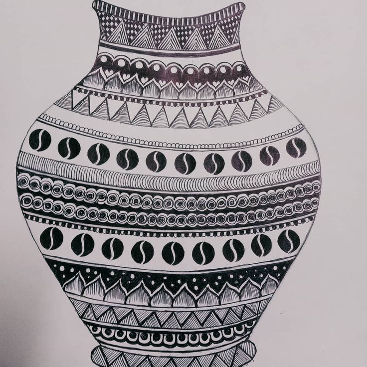 a black and white drawing of a large vase with geometric designs on the bottom half