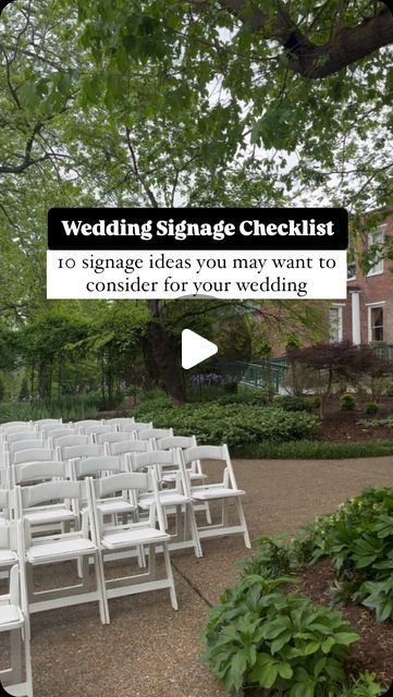 rows of white folding chairs with the words wedding signage checklist on them in front of a garden