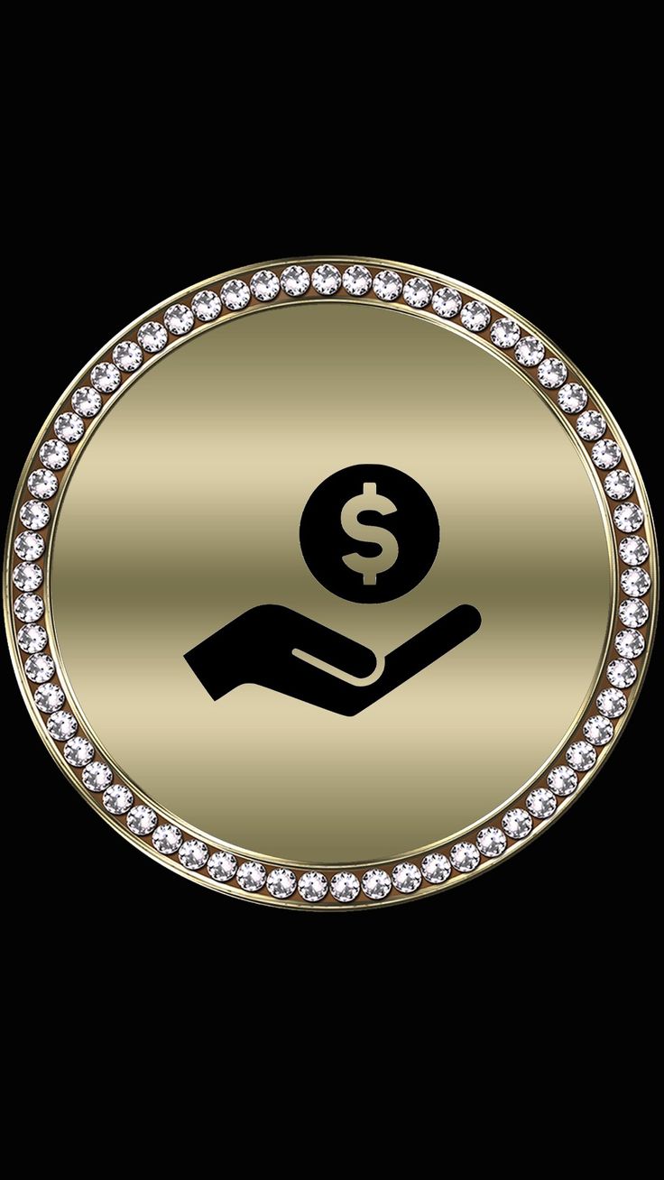 a gold button with a dollar sign in the center and diamonds around it on a black background