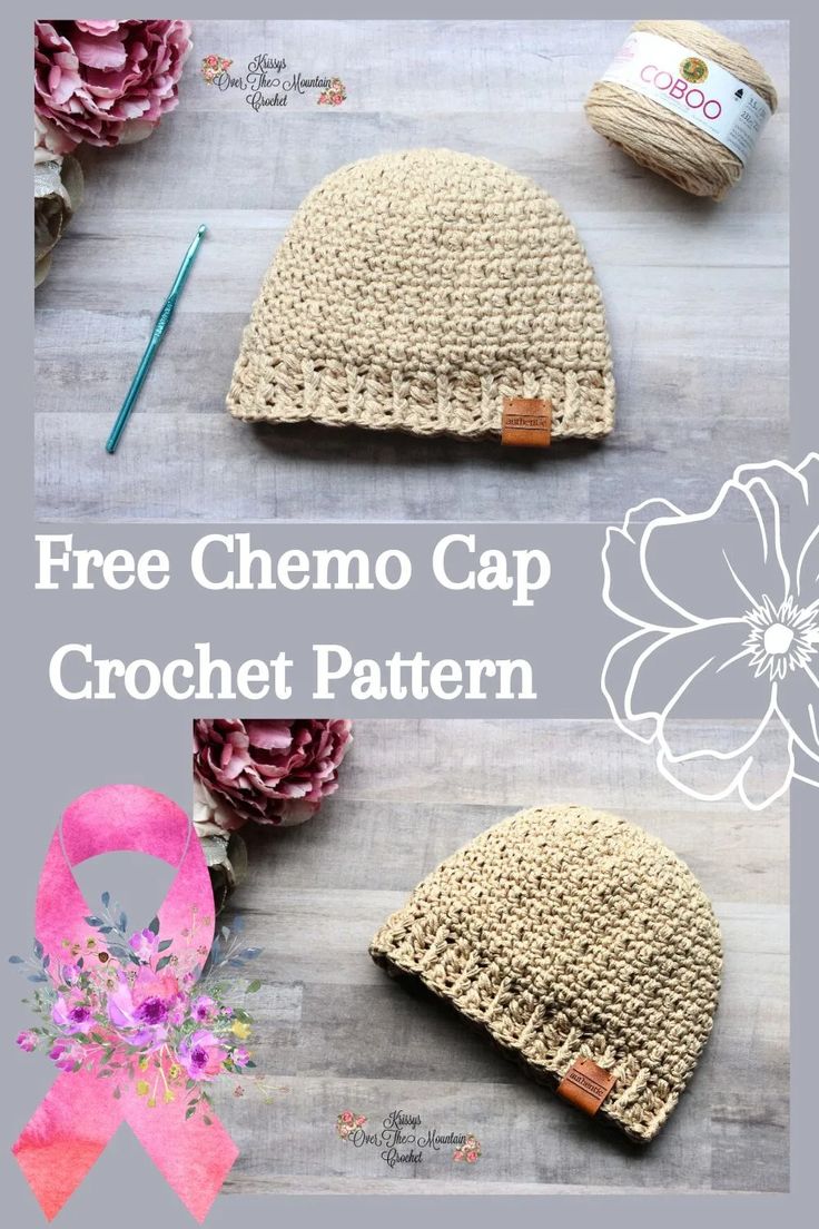 the crochet hat pattern is shown with flowers and yarn