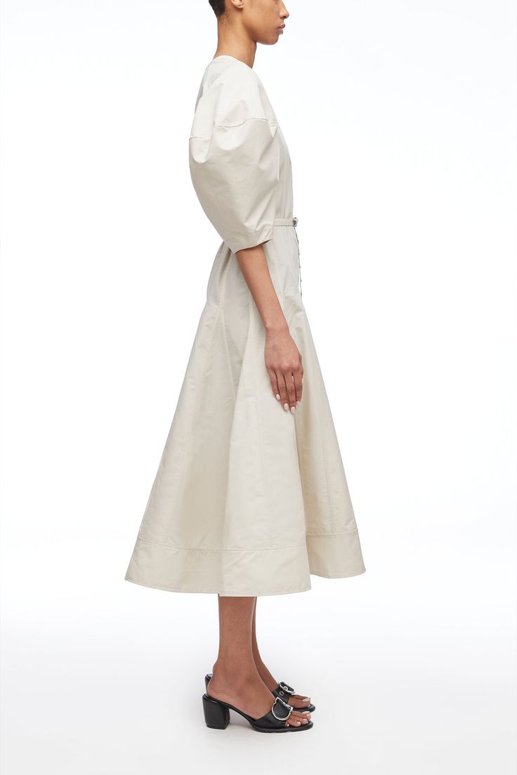 Puff Sleeve Belted Godet Midi Dress – 3.1 Phillip Lim Godet Dress, Half Sleeve Dresses, Poplin Dress, Crewneck Dress, Winter Dresses, Waist Belt, Cotton Poplin, Puff Sleeves, Cotton Dresses