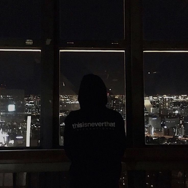 a person standing in front of a window looking out at the city lights and skyscrapers