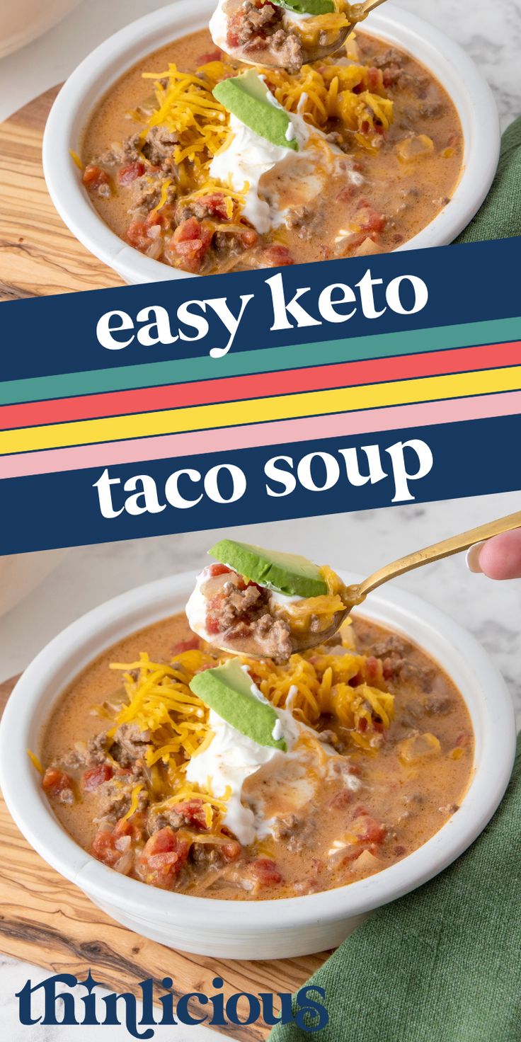 two bowls of easy keto taco soup on a wooden table with text overlay