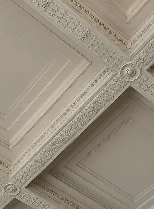 the ceiling is painted white and has ornate designs on it