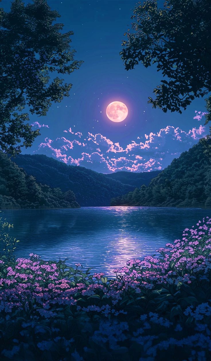 the full moon shines brightly in the night sky over a lake with wildflowers