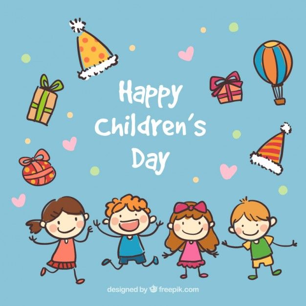 happy children's day card with kids holding hands and balloons in the sky above them