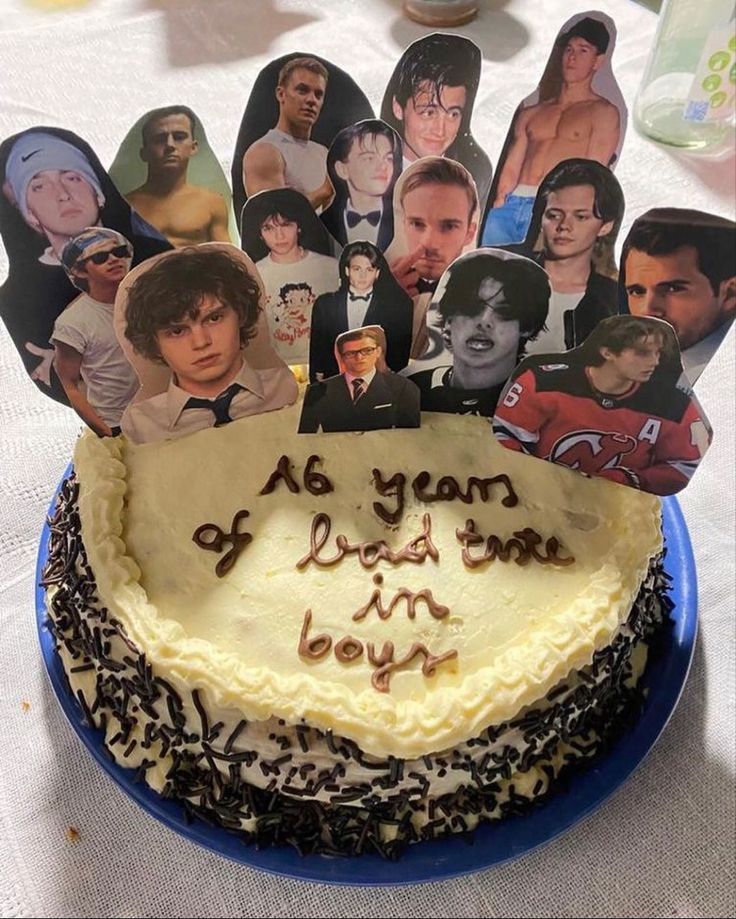 a birthday cake with pictures of the same person on it and an ice cream frosting layer