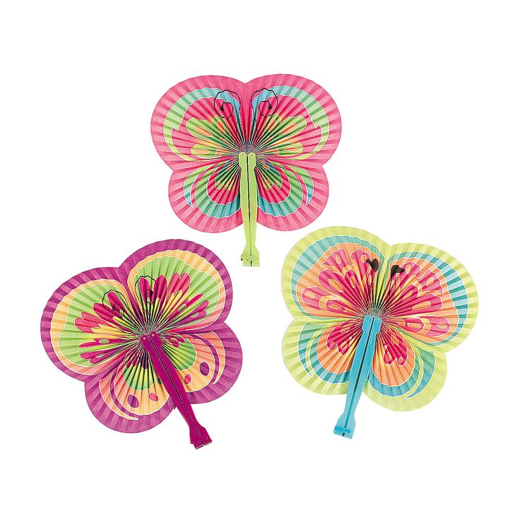 three colorful hand fan shaped like flowers