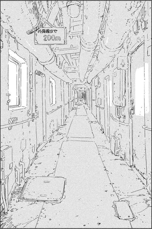 a black and white drawing of a long hallway